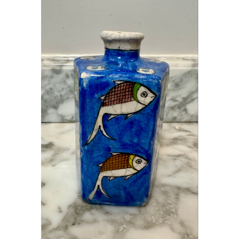 Persian Islamic Style Studio Pottery Vase Blue Fish Motif Folk Art Ceramic - Picture 3 of 10